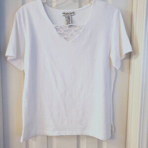White Beaded V-Neck Tee